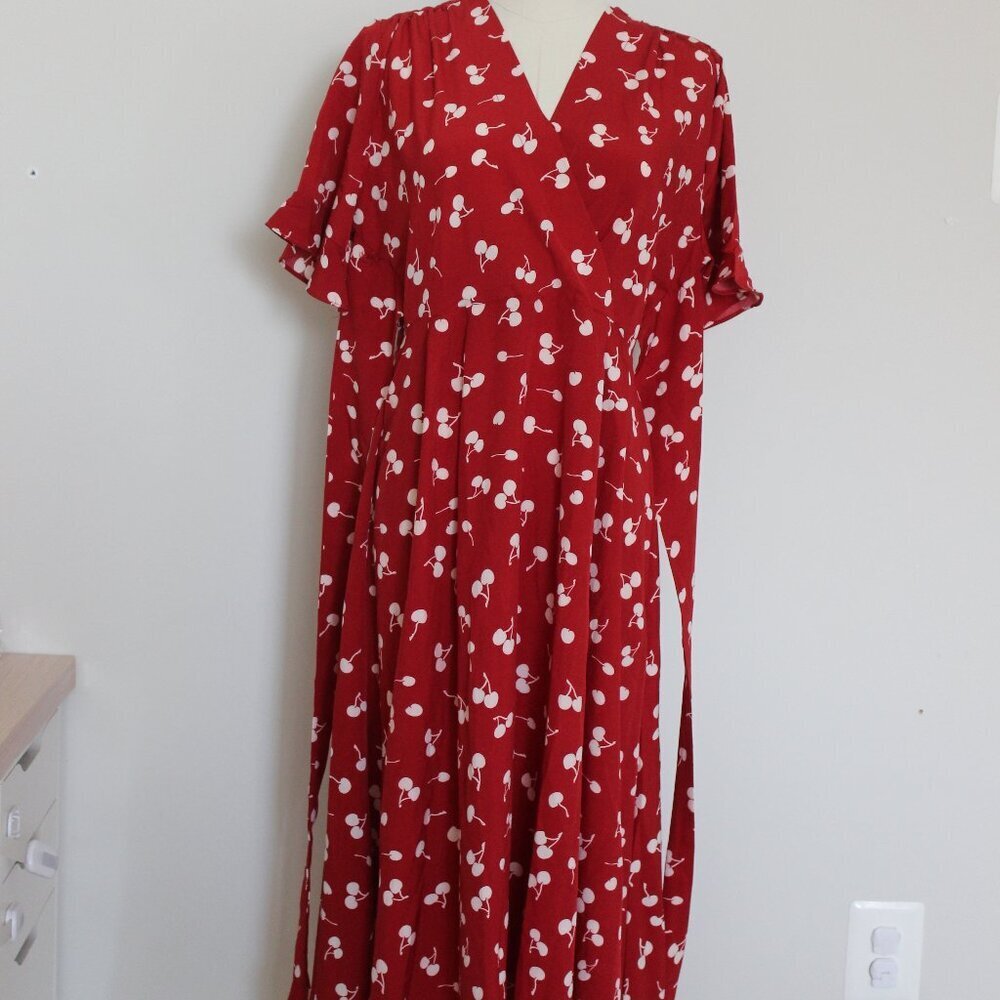 Dark Red Cherry Tie on waist Midi Dress - Picture 3 of 7